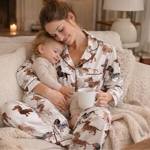 SHESHOW Satin Dachshund Dog Print Pajama Set Size L Long Sleeve Button Up